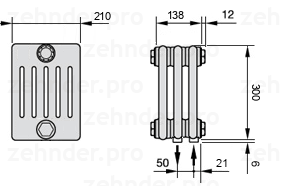 Схема (чертеж) Радиатор Zehnder Charleston 6030/3 №5510 Белый глянцевый RAL 9016